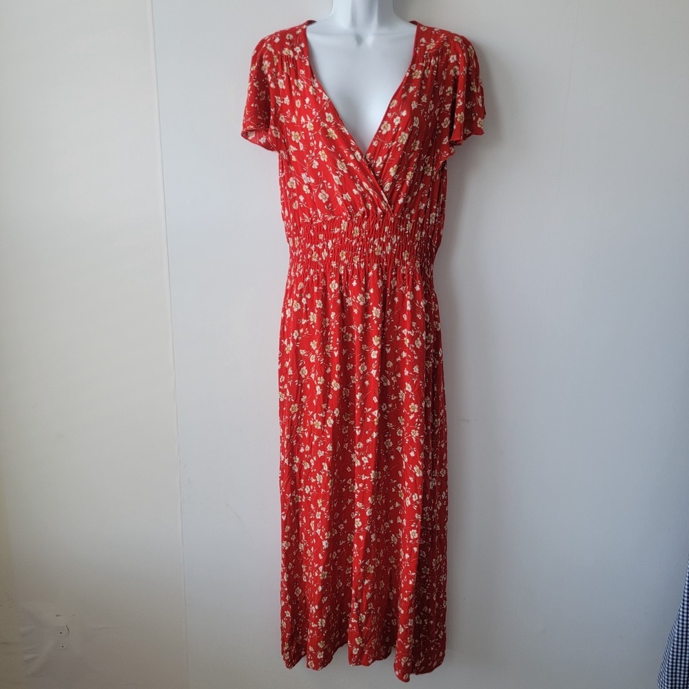 Kindred women's red floral maxi dress size XL v-neck Smocked Waist Cottagecore